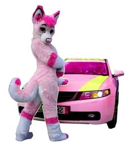 Trajes de mascote de cachorro e lobo de cachorro peludos de pele longa rosa para adultos circo natal halloween roupas de vestido sofisticado