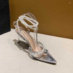 Dress Shoes Summer Women Pearls T-strap Braided Belt Buckle 8.5 Cm Stiletto High Heeled Sandals Lady Silver Clear