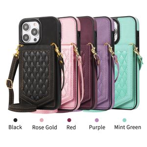 Shockproof Phone Cases for iPhone 14 13 12 11 Pro Max XR XS X 7 8 Plus Solid Color PU Leather Kickstand Case with Mirror and Shoulder Strap