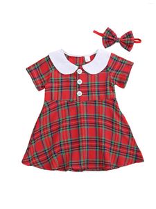 Abiti da ragazza Toddler Neonate Abiti stampati scozzesi Set manica corta Collo con risvolto Abito con bottoni sul davanti Fascia con fiocco per l'estate 0-2T