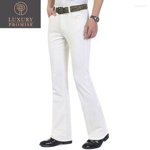 Men's Jeans Business Casual Men's Trousers Mid Waist Elastic Slim White Boot Cut Semi-Flared Bell Bottom Denim Pants