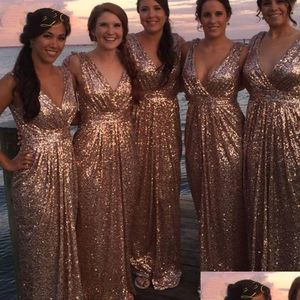 Bridesmaid Dress Shiny Sequined V Neck Rose Gold Long Dresses Bridal Group Wedding Party Women Glitter Sparkle Guest 2064 Drop Deliv Dh2Ey