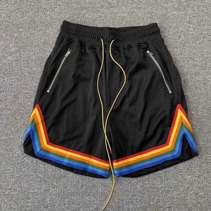 Män shorts män kvinnor gula dragkammare elastiska midja shorts byxor regnbågestränder mesh shorts g221214