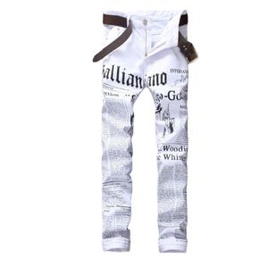 Casual straight tube men's jeans trousers Fashion white new women's street wear Newspaper print trend pants 28-42