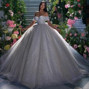 Sparkly Sequined Ball Gown Wedding Dresses Off The Shoulder Neckline Bridal Gowns Pleated Tulle Chapel Train Wedding Dress