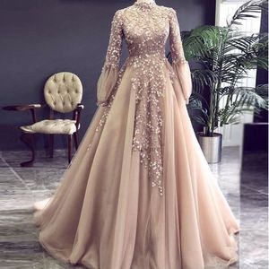 Champagne Muslim Long Sleeve Prom Dresses 2023 High Neck 3D Floral Applique Arabic Dubai Middle East Evening Occasion Gowns