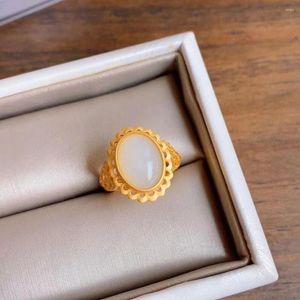 Cluster Rings Natural S925 Sterling Silver Inlaid Hetian White Jade Ring Fashion Style Gift For Girlfriend Mother Hand Jewelry