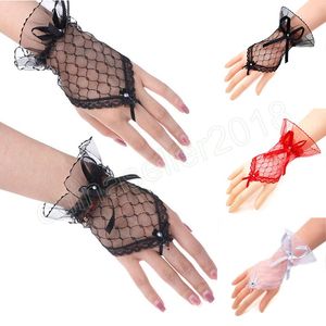 Women Lace Fingerless Gloves White Black Red Bride Party Gloves Lady See Through Bowknot Short Gloves Female Elegant Glove