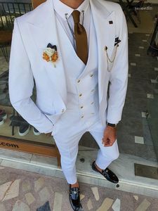 Men's Suits Summer White For Men Wedding Dress Tuxedos Wide Lapel 3 Piece Formal Blazer Party Evening Gold Button Man Custom Made