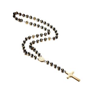 Pendant Necklaces Meaeguet Black/Gold Color Long Rosary Necklace For Men Women Stainless Steel Bead Chain Cross Womens Mens Gift Jew Dh93Y