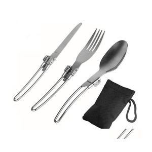 Cucchiai 3 pezzi Coltello pieghevole portatile in acciaio inossidabile e forchetta Cucchiaio Posate Utensile Set di posate Viaggio Picnic Cam Stoviglie Drop Otljk