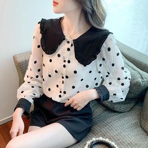 Camicette da donna Camicia con risvolto largo Donna Increspato a pois Nero Bianco Chiffon Moda Elegante 2022 Primavera Carino Manica lunga Blusa Feminina