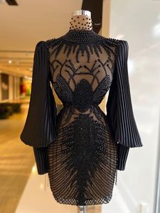 Black Pearls Mini Prom Dresses Lantern Sleeves Party Dresses Illusion Beaded Custom Made Evening Dress