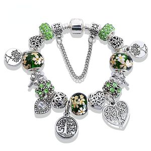 Braccialetti con ciondoli Albero della vita Argento antico Cuore con perline Cristallo verde scuro con braccialetto con foro grande