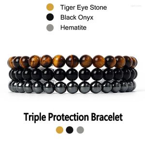 Set di braccialetti in pietra naturale filo 3 pezzi / set Braccialetti con perline occhio di tigre ematite ossidiana Uomo per protezione magnetica della salute Gioielli dell'anima