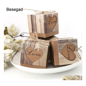 Dekoracje świąteczne 50 szt. Kraft Paper Wedding Party Candy Gift Favor Box Polecka z Khaki Burlap Sznurek Drop dostawa domowy ogród OT26U