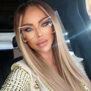 Fashion Gold Transparent Square Sunglasses for Women Half Frame Hollow Pearl Shades Three Color Gradient Oversized Sun Glasses 1219