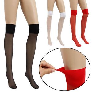 Women Socks Rib Top High Knee Cuff Sexy Transparent Silk Stocking Ladies Thigh Black White Stockings