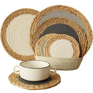 Tovagliette 3PCS Paglia Corda di cotone intrecciata Stile nordico antiscivolo Tovaglietta da cucina Isolamento Pad Piatto Tazza di caffè Tappetino Decorazioni per la casa