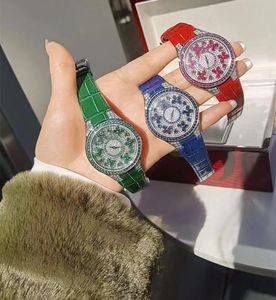 Роскошные брендовые часы с диско-бабочкой и бриллиантами, движущийся цветок, синий, красный, зеленый, кристалл, вращающийся, из натуральной кожи, кварцевые женские часы