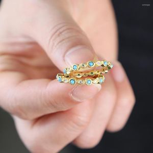 Bröllopsringar 2022 Anländer Stacking CZ Turquoises Eternity Band Ring Thin Skinny Engagement Classic Simple Round Circle Finger