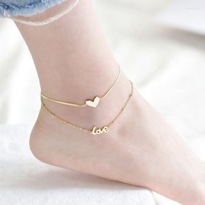 Anklets Luxury Stainless Steel Heart Letter LOVE Anklet For Women Beach Foot Jewelry Leg Snake Chain Ankle Bracelets Accessories