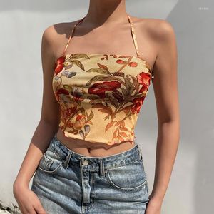 Kvinnors tankar indie toppar 2022 mode gata gröda topp blomma tryckt mesh halter kvinnlig bustier alternativa kläder vintage
