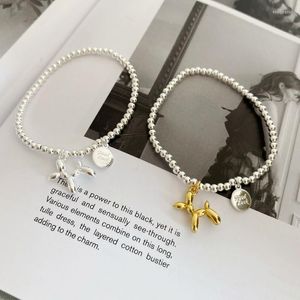 Strand Balão fofo Cachorro925sterling Silver Braceleletinswomen's elástico Sliver Sliver Breads Bracelete simples Cartão redondo de letra