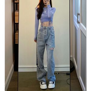 Rippade Dam Jeans Pojkvän Svart Solid Streetwear Byxor vida ben Denim Kvinna Koreansk Höst Hål Baggy Jeans Mamma