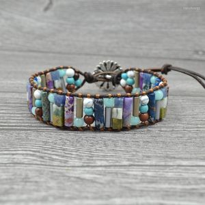 Charm Armband Kvinnor Boho Armband Tube Form Natural Stone Single Leather Wrap Semi Precious P￤rlade manschettsmycken g￥vor