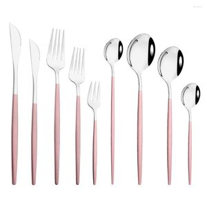 Dinnerware Sets Pink Silver Set Cake Fork Dessert Spoon Dinner Knife Flatware Cutlery 6Pcs Stainless Steel Tableware Kitchen
