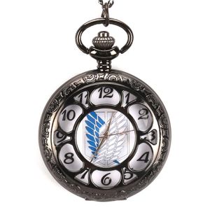 Antique Classic Black Attack on Titan Pocket Watch Vintage Quartz Analog Military Watches with Necklace Chain Gift reloj de bolsil291i