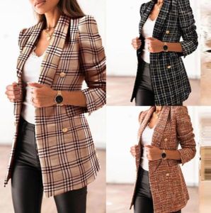 Women's Suits Ladies Plaid Blazer Women Spring Autumn Vintage Tweed Jackets Double Breasted Office Chic Slim Blazers