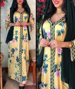 Ubranie etniczne Dubai Jalabiya Fashion Muzułmańska Abaya Dress for Women Eid 2022 Marokan Caftan Turkey Arabic Oman Islamski żółty