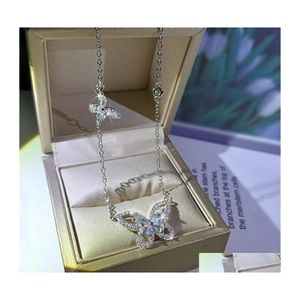 Naszyjniki wisiorek clsssical marka luksusowa biżuteria 925 Sterling Sier Marquise Cut White Topaz Diamond Stones Butterfly Women Clavic Dhdwj