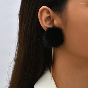 Stud Earrings Female Simple Black Plush Ball Pom For Women Fashion Gold Color Metal Chain Tassel Earring Party Jewelry Gift