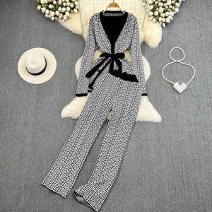 2023 design moda feminina calças de duas peças designer conjunto casual temperamento cintura gravata malha cardigan topo cintura alta