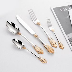 Dinnerware Sets 25 Piece Gorgeous Silverware Set For 5 People Stainless Steel 18-10 Antique Gold-plated Cutlery Baroque Flatware Wedding