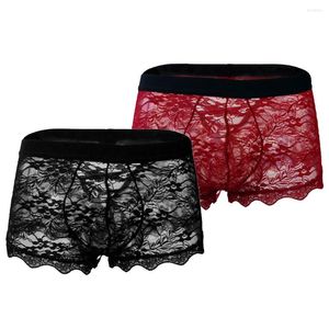 Underpants 2022 Sexy Men Lace Boxers Shorts Low Rise Man Sex Underwear Lingerie Trunk Transparent Mesh See Through Erotic