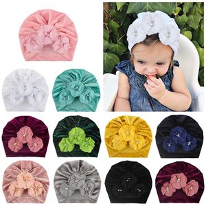 18x17 CM Newborn Infant Soft Velvet Indian Hats Fashion Hand Sewn Beads Flower Caps Baby Warm Headwear 11 Colors