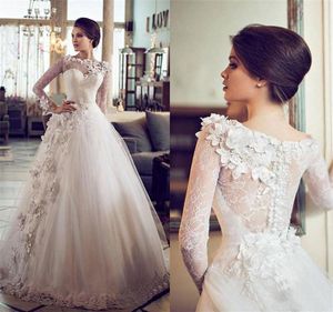 Sheer Bateau Neckline Lace Long Sleeve Wedding Gown Flowers Embellished Princess Wedding Dress Custom Vintage Ball Gown Wedding Dresses