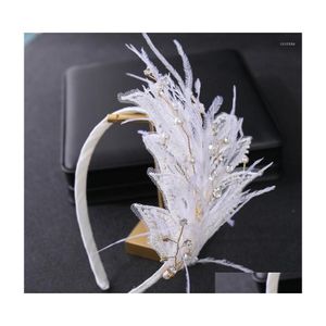 Clipes de cabelo Barrettes Crown Bridal Feather Headwear Wedding Fandinas de toca pérola Rhinestone Hairbands Jóias Bride Guest Drop Dhxqm