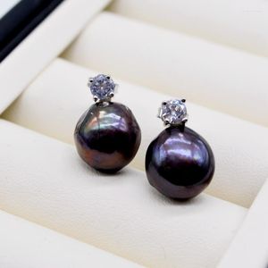 Stud Earrings Black Pearl Irregular Baroque Silver Zirconia Shiny Vintage Jewelry Women's