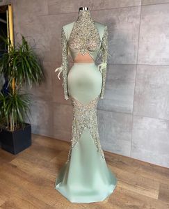 Luxury New Mermaid Evening Dresses High Neck Long Sleeves Satin Ruffles Shiny Sequins Appliques Beaded Waistless Feather Celebrity Prom Dress Plus Size Tailored