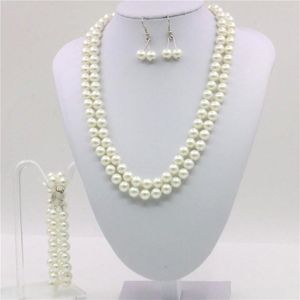 Necklace Earrings Set High Quality 2 Row 8mm Beige White Artificial Shell Pearl Bracelet Jewelry Gifts For Women 17-18inch Y152