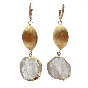 Stud Earrings Y.YING Clear Quartz Rough Raw Coin Shape Gold Plated Brushed Bead Dangle