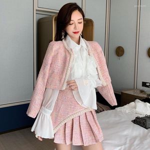 Casual Dresses Autumn and Winter Korean Sale Dress White Shirt L￥ng￤rmad topprock med kort veckad kjol Kvinnor 3 -bitar Set kl￤der