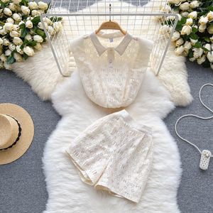 Women's Tracksuits Women White Mesh Flower Embroidery Lace Ruffles Hollow Out Blouse Tops &Short Sets Summer Shirt Shorts Two Pieces