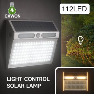 112Led Solar Wall Lights rostfritt stål Hållbara 4 -lägen PIR -sensorbelysningar Utomhus Bright Security Lighting för ytterdörren