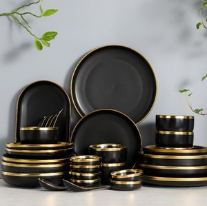 Black Tableware Set Ceramic Dinner Plate Dishes Plates Bowls Set Food Plate Salad Soup Bowl Kitchen Dinnerware for Restaurant